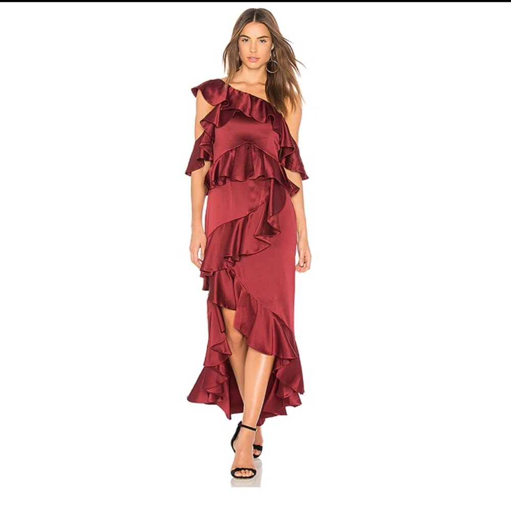 AMUR Ruffle Midi Lorelei One Shoulder Ruffle Detail MIDI Dress in Garnet Sz.0